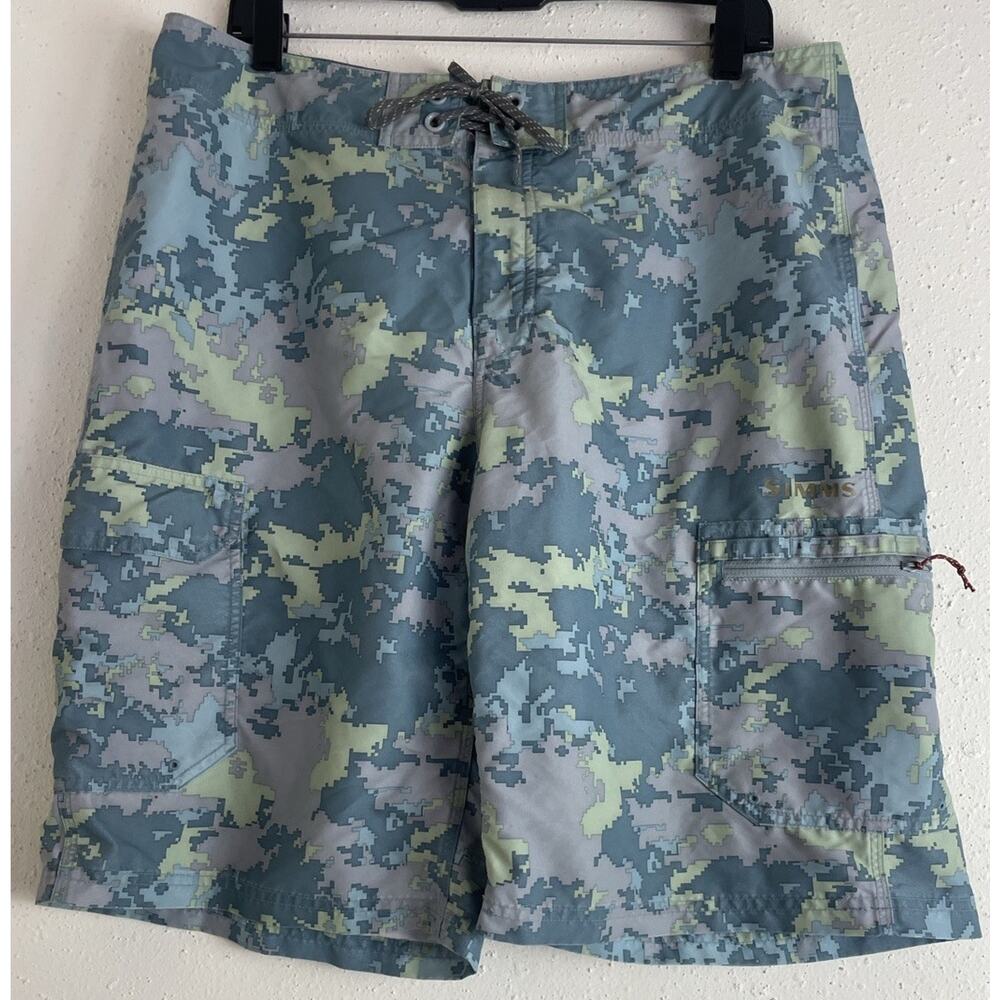 Simms Solarflex Board Shorts Mens Large Blue Fishing Camo Swim Digital Surf